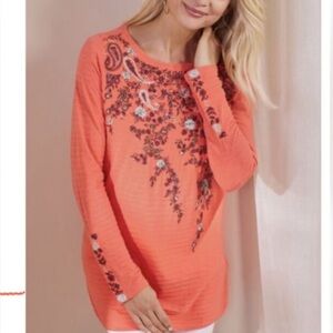 Soft Surroundings Women’s embroidered Beaded Floral Orange Longsleeve Tunic XS